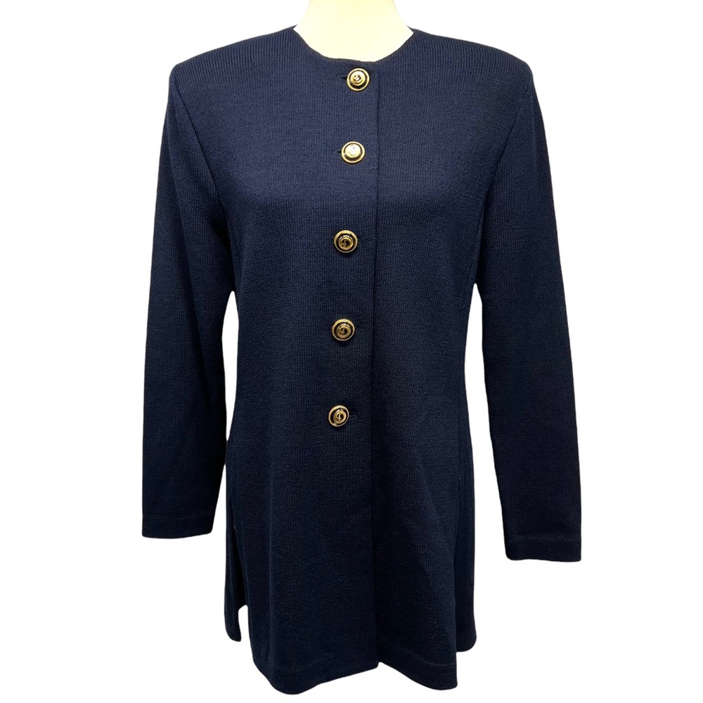 St. John Collection Navy Santana Knit Longline Button Front Jacket